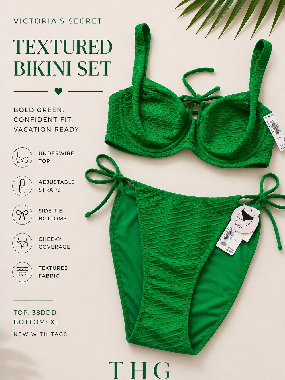 Victoria’s Secret Swim Textured Green Bikini Set NWT 38DDD XL